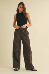 IP1397 LEOPARD PRINT WIDE DENIM TRACK PANTS: Brown / S