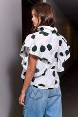 IT2337 Ruffle Sleeves Pintuck Detail Polka Dot Print top: CREAM/BLACK