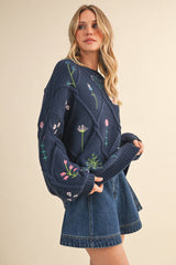 IT4253 MULTI FLORAL EMBROIDERED LATTICE CABLE SWEATER: NAVY / M
