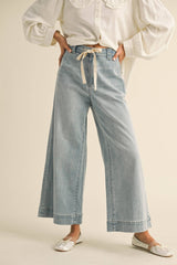 P4880   WASHED DENIM WITH TIE FRONT PANTS: DENIM / L