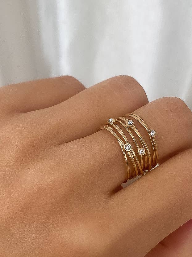 18K Gold Vintage Multi-Band Pearl/CZ Ring: Yellow Gold / Caldre-Pearl