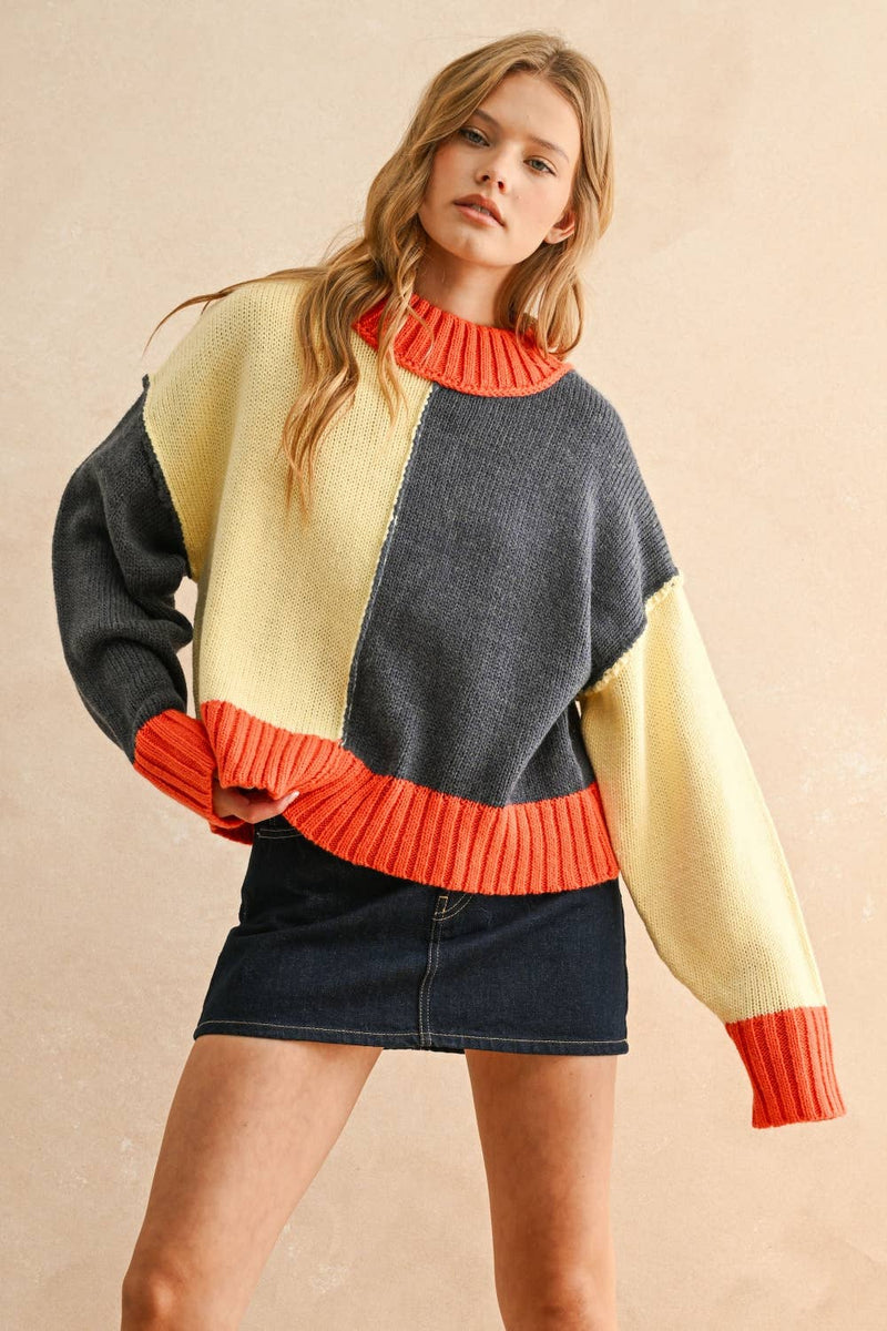 COLOR BLOCK SWEATER TOP M