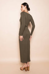 CHIC WRAP PANEL BUCKLE LONG SLEEVE MAXI DRESS-DD10840FO: NUDE / Contemporary / M