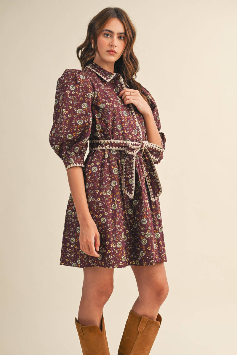 BLANKET STITCH PUFF SLEEVE FLORAL MINI DRESS MDR4173: Plum Multi Floral / M