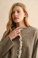 LACE TRIM KNITTED CARDIGAN: Black / M