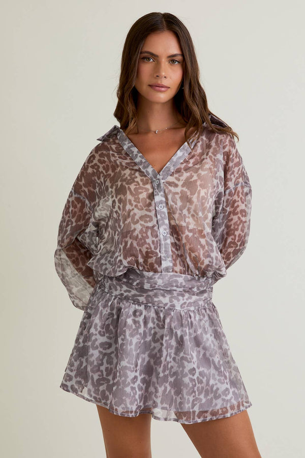 LOW WAIST SHIRT DRESS: WHITE-MOCHA ANIMAL / S