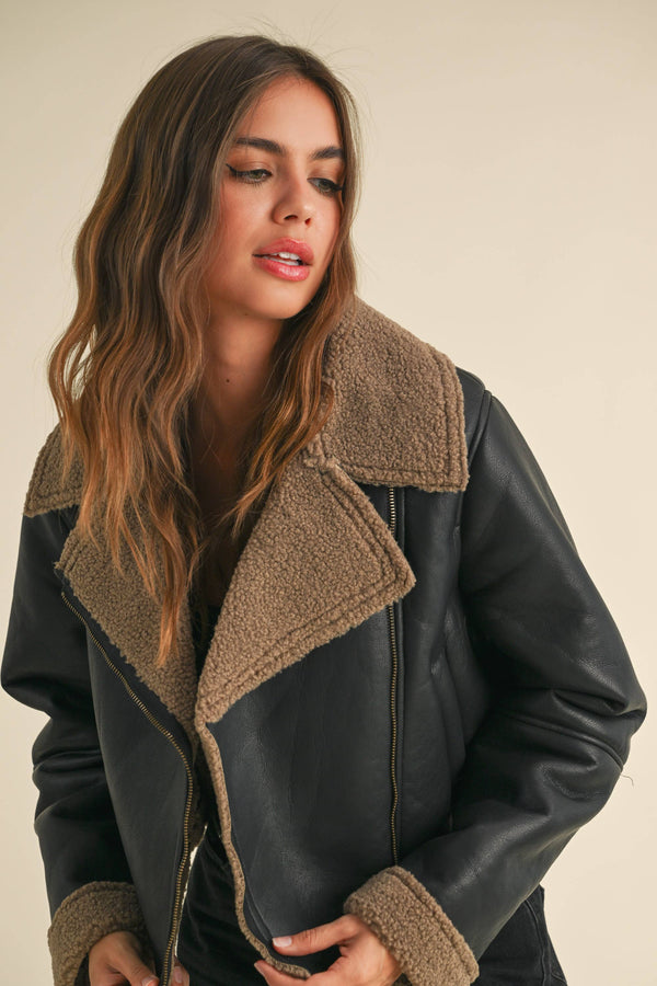 BIKER JACKET: BLACK/BROWN / S