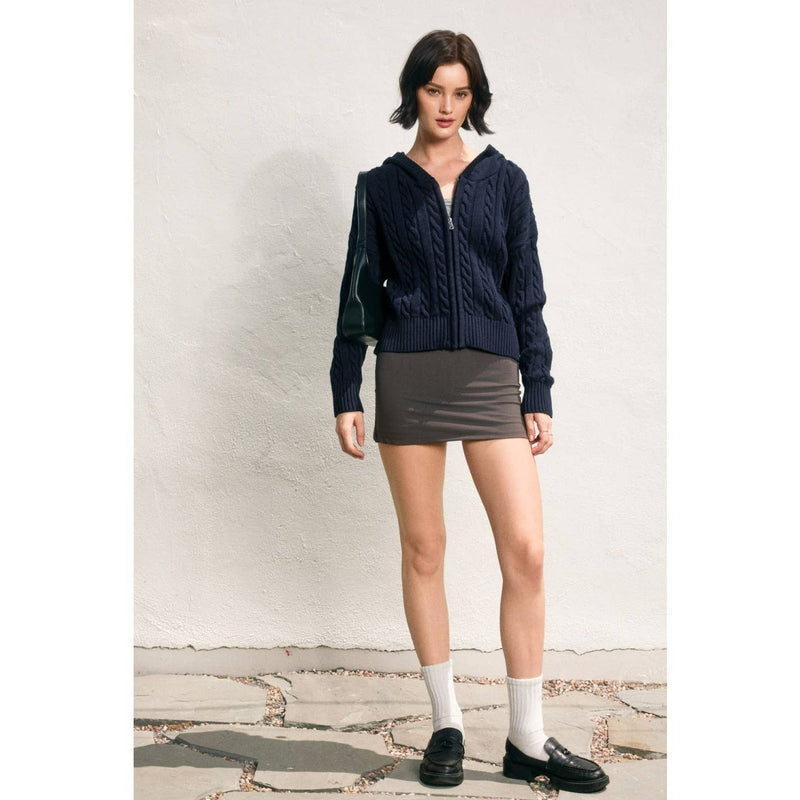 Cable Knit Hooded Zip Up Cardigan: NAVY