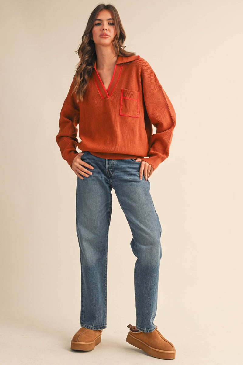 COLLARED SWEATER: Chocolate Ivory / M