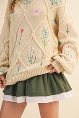IT4253 MULTI FLORAL EMBROIDERED LATTICE CABLE SWEATER: NAVY / M