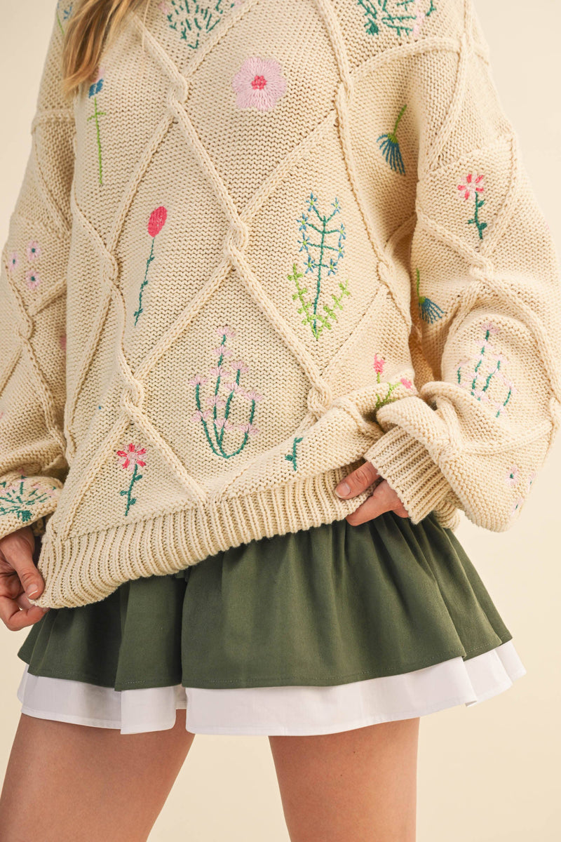 IT4253 MULTI FLORAL EMBROIDERED LATTICE CABLE SWEATER: NAVY / M