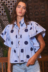 IT2337 Ruffle Sleeves Pintuck Detail Polka Dot Print top: CREAM/BLACK