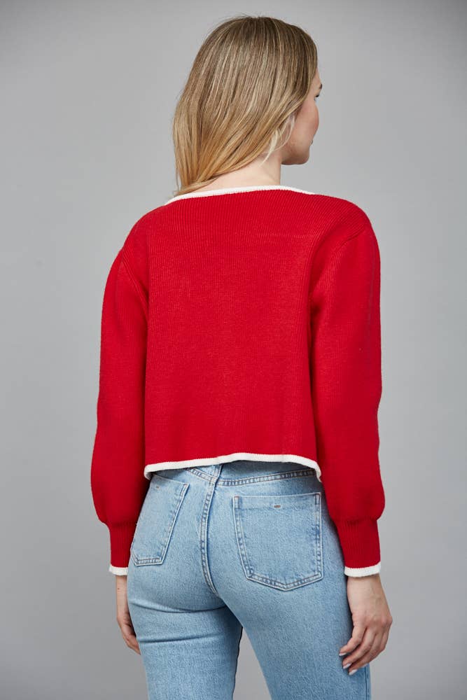 CONTRAST BOW DETAIL OPEN CARDIGAN FW90585: RED/CREAM / L