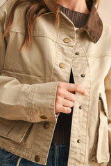 J5341   COLLAR CONTRASTED UTILITY JACKET: Beige / S
