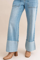 WIDE LEG CUFFED JEANS: Lt Denim / L