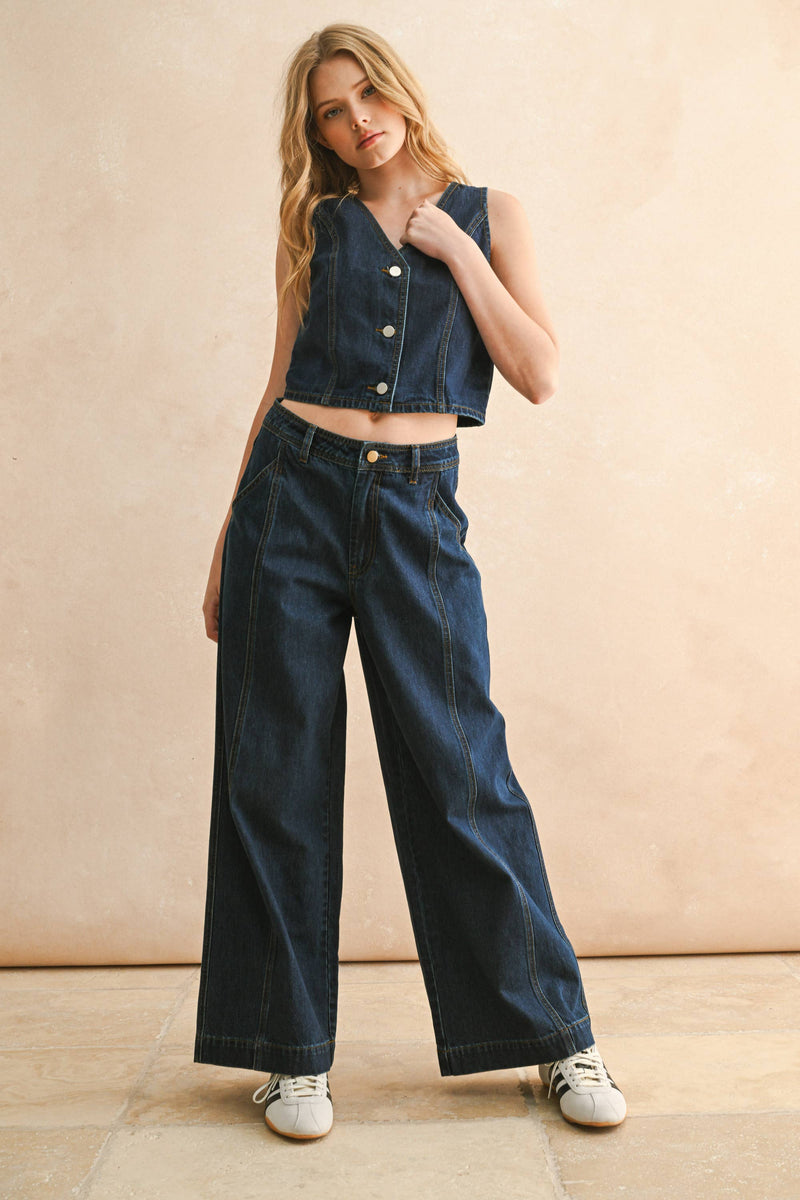 DARK DENIM WIDE LEG PANTS: DENIM / S