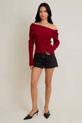 ONE SHOULDER RIBBED DIFFERENCE DETAIL SWEATER TOP: H BROWN / S