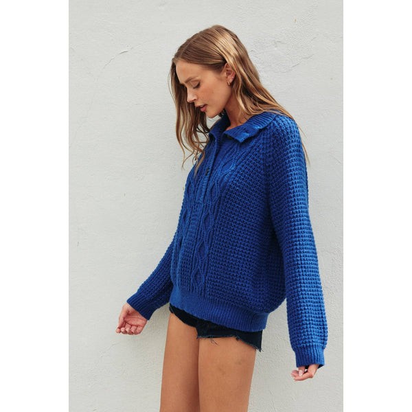 Cable Knit X Waffle Boxy Sweater: STAR SAPPHIRE