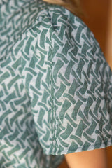 35967 Ruffled High Neck Abstract Printed Top: Dark Sage / L
