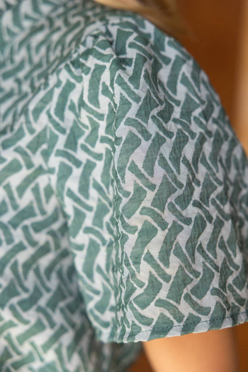 35967 Ruffled High Neck Abstract Printed Top: Dark Sage / L