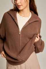 ZIP UP OVERSIZED SWEATER CARDIGAN: Taupe / L