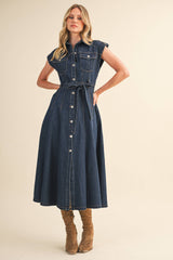 BUTTON DOWN MIDI DRESS: DK DENIM / S