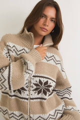 LONG SLEEVE COLLARED FAIR ISLE SWEATER JACKET: Brown-White Multi / S