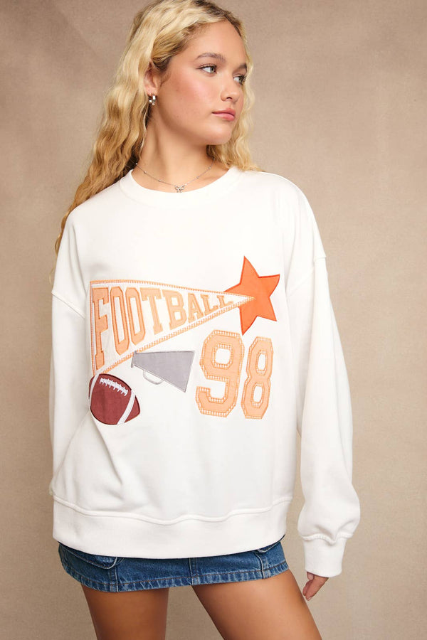 "FOOTBALL" PATCH WORK OVERSIZED SWEATSHIRT: White / L