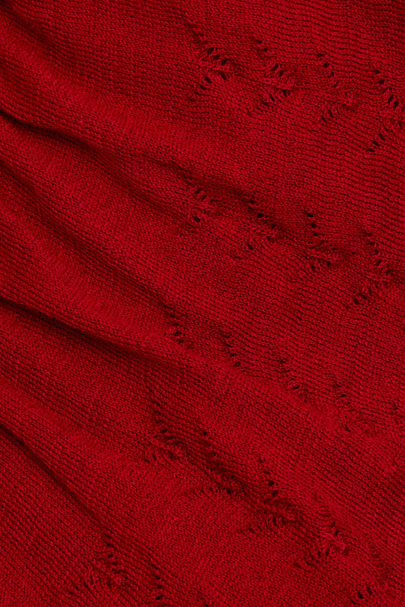 LONG SLEEVE FINE KNIT SWEATER WITH RUFFLE DETAILS: RUBY RED / S