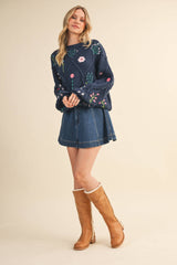 IT4253 MULTI FLORAL EMBROIDERED LATTICE CABLE SWEATER: NAVY / M