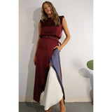 TOP AND COLOR BLOCK SKIRT: WINE / M