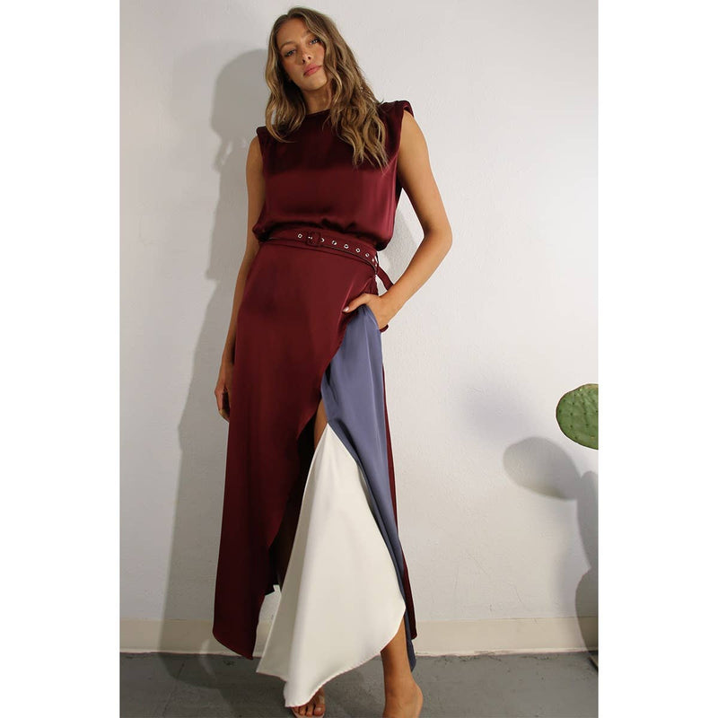 TOP AND COLOR BLOCK SKIRT: WINE / M