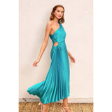 Olympia Asymmetrical Pleated Maxi Dress: BLUE SAPPHIRE