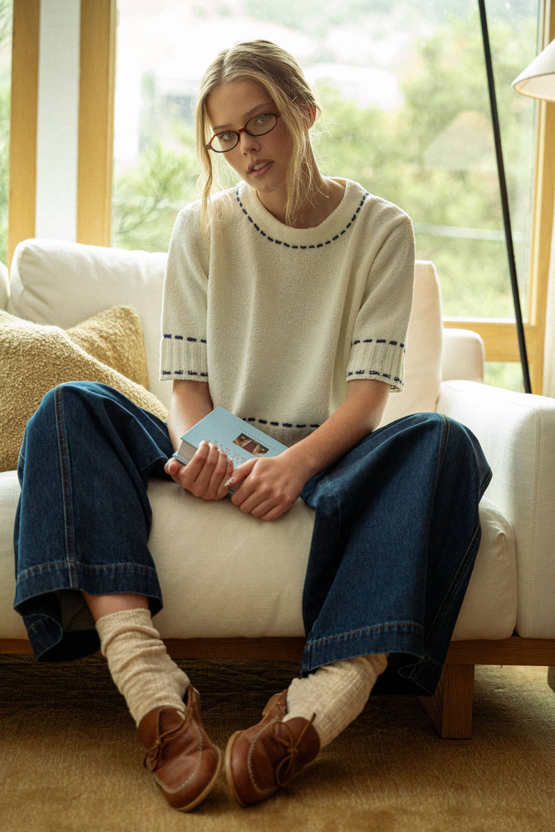 DARK DENIM WIDE LEG PANTS: DENIM / M