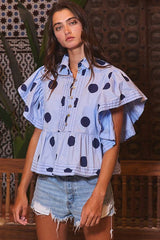 IT2337 Ruffle Sleeves Pintuck Detail Polka Dot Print top: CREAM/BLACK