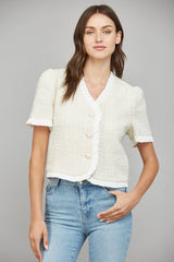 CONTRAST RUFFLE HEM DETAIL LUREX TWEED JACKET FJ70198: CREAM / M