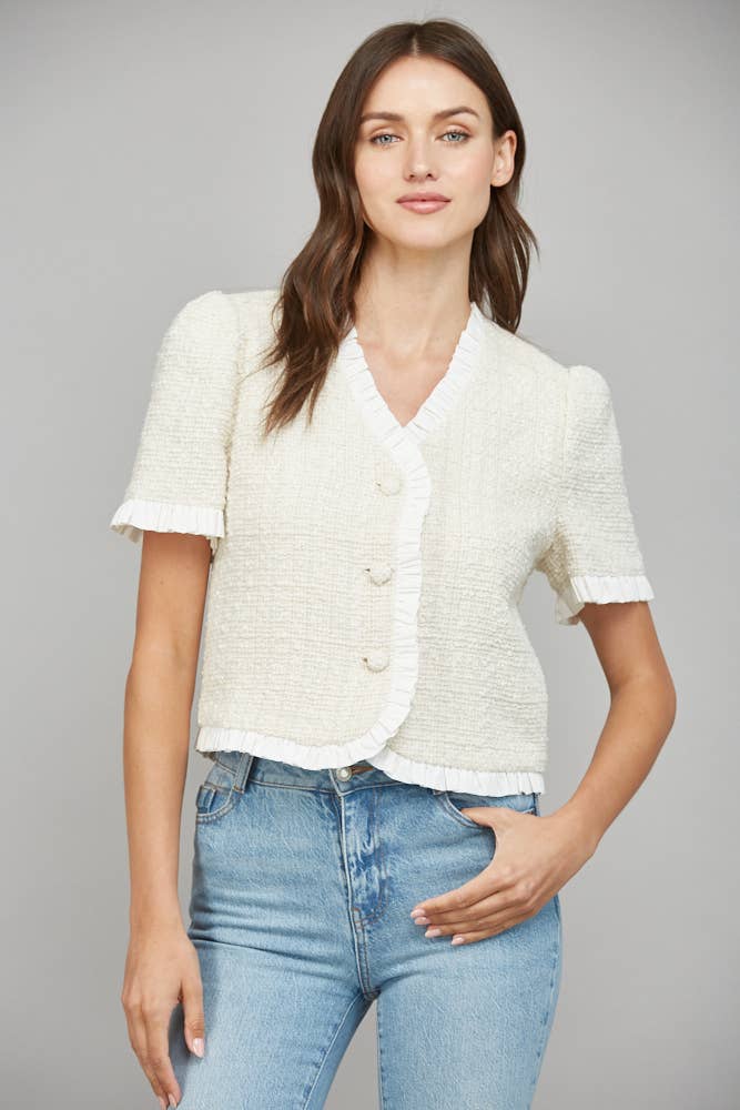 CONTRAST RUFFLE HEM DETAIL LUREX TWEED JACKET FJ70198: CREAM / M