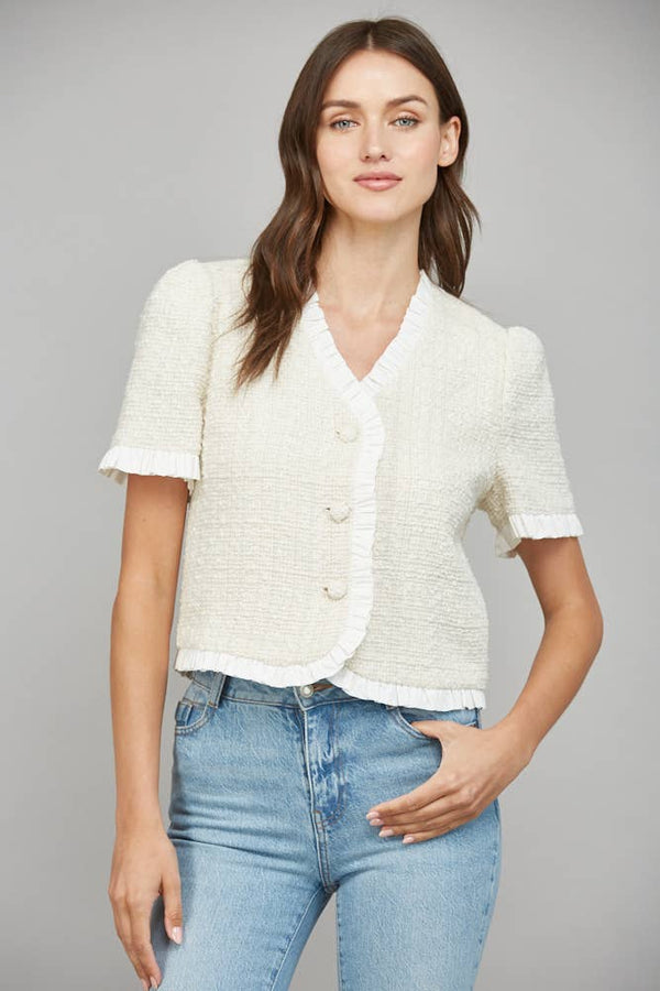 CONTRAST RUFFLE HEM DETAIL LUREX TWEED JACKET FJ70198: CREAM / L