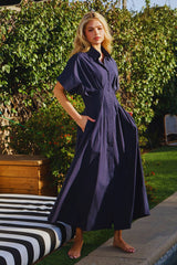 Button-Front Pleated Midi Shirt Dress