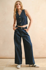 DARK DENIM WIDE LEG PANTS: DENIM / S