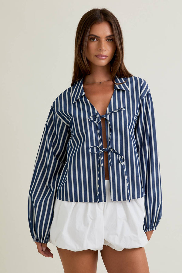 STRIPE LONG SLEEVE TIE TOP L