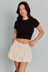 ROUND NECK SHORT SLEEVE BACK TIE KNIT TOP: Brown / M