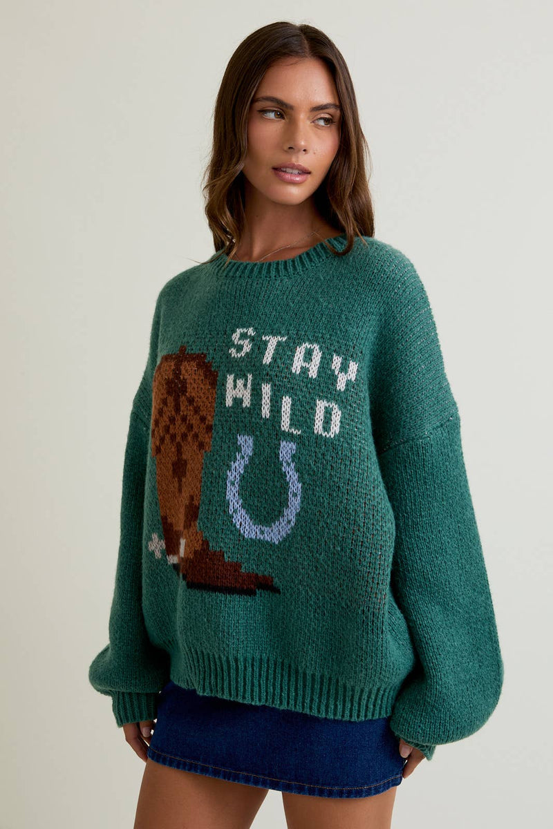 LONG SLEEVE CREW NECK COWGIRL WILD GRAPHIC SWEATER: Green / L