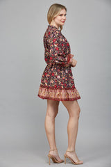 BORDER PRINT BELTED BUTTON DOWN MINI DRESS FD34104: NAVY MULTI / S