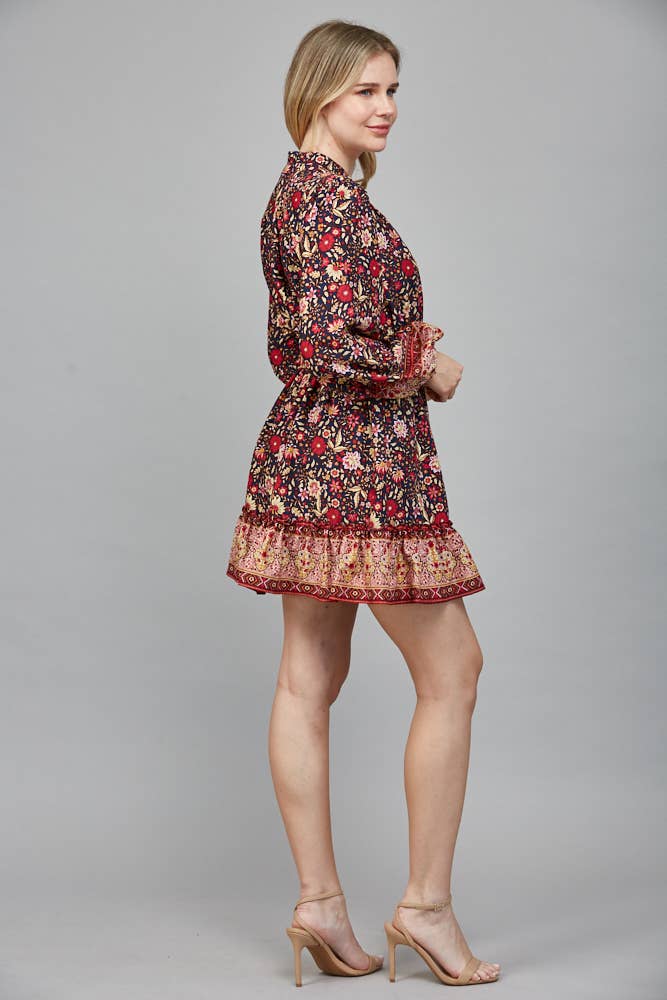 BORDER PRINT BELTED BUTTON DOWN MINI DRESS FD34104: NAVY MULTI / S