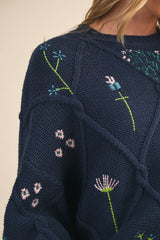 IT4253 MULTI FLORAL EMBROIDERED LATTICE CABLE SWEATER: NAVY / M