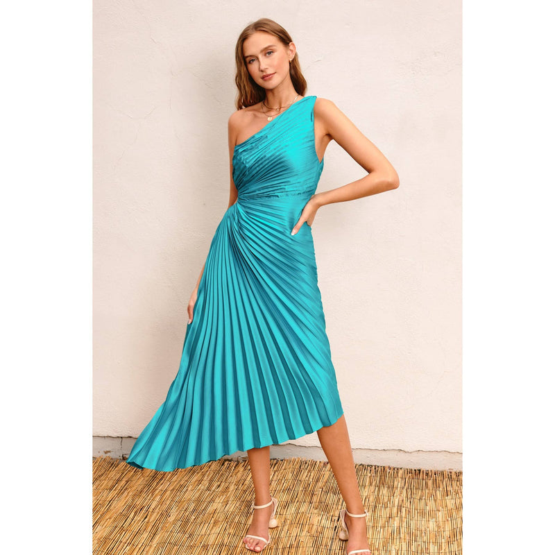 Olympia Asymmetrical Pleated Maxi Dress: BLUE SAPPHIRE