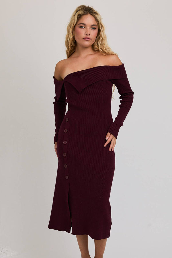LONG SLEEVE MIDI DRESS: MAROON / M