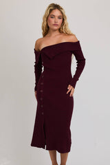 LONG SLEEVE MIDI DRESS: MAROON / L