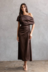 JD9203-ONE SHOULDER RUCHED MIDI DRESS: CHOCOLATE / M